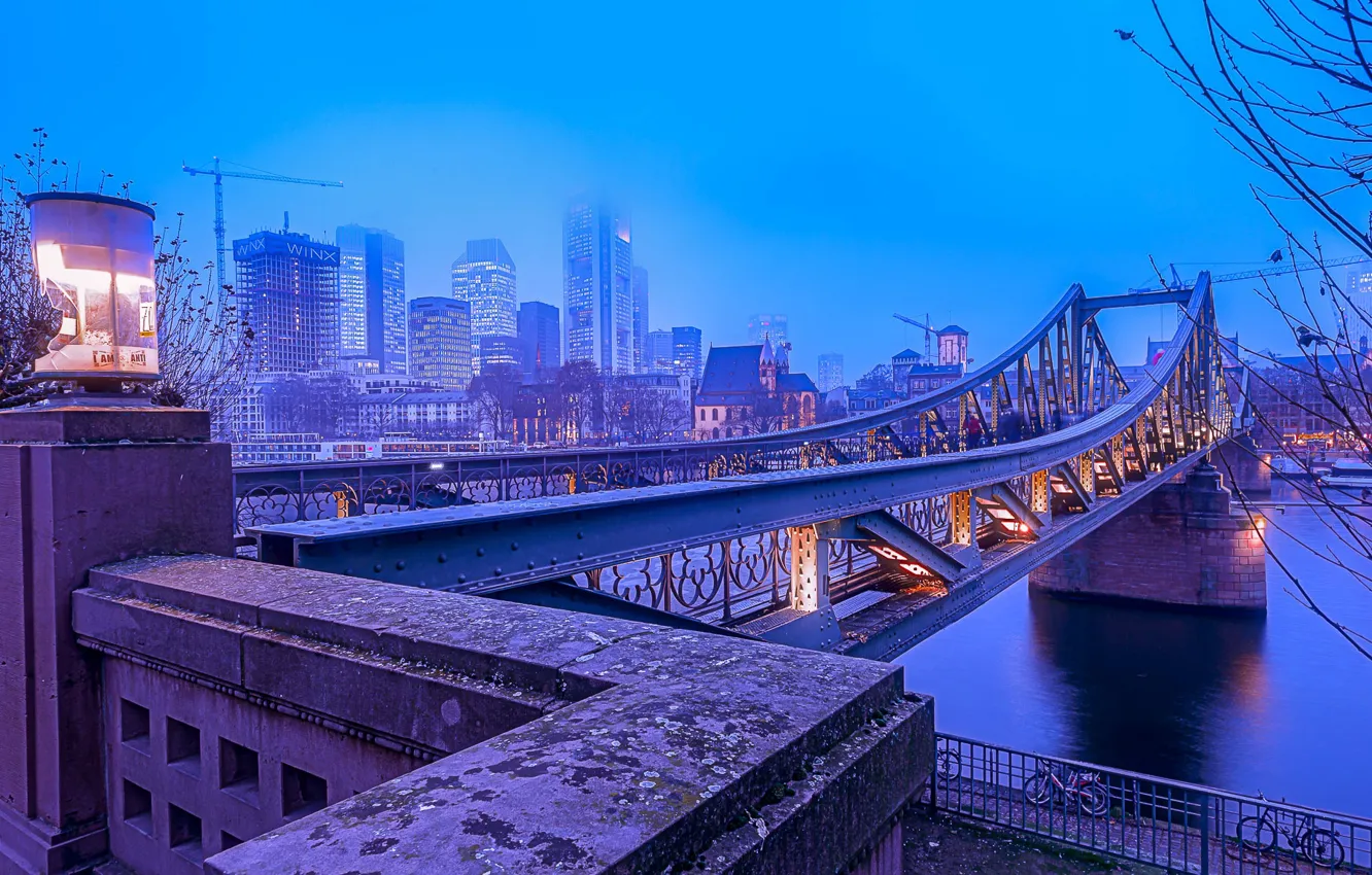 Photo wallpaper bridge, lights, fog, river, blue, home, morning, Germany