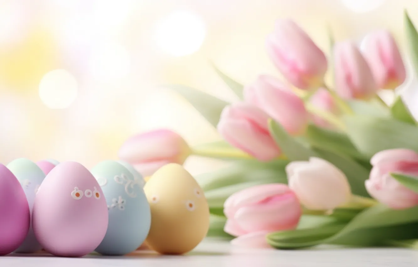 Photo wallpaper flowers, holiday, blue, eggs, bouquet, spring, Easter, tulips