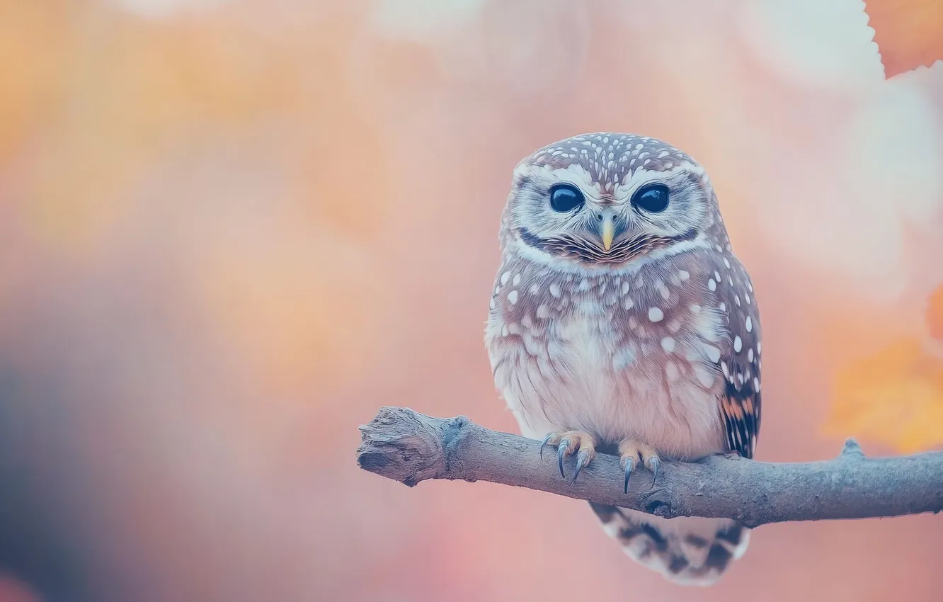 Photo wallpaper look, branches, nature, owl, bird, pink background, bitches, bokeh