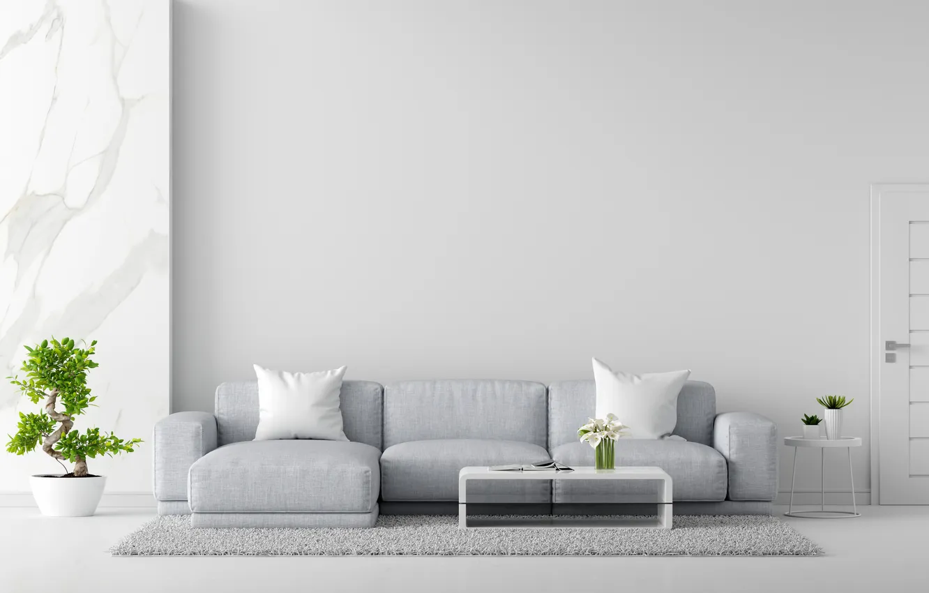 Photo wallpaper flowers, design, sofa, wall, carpet, plant, interior, pillow