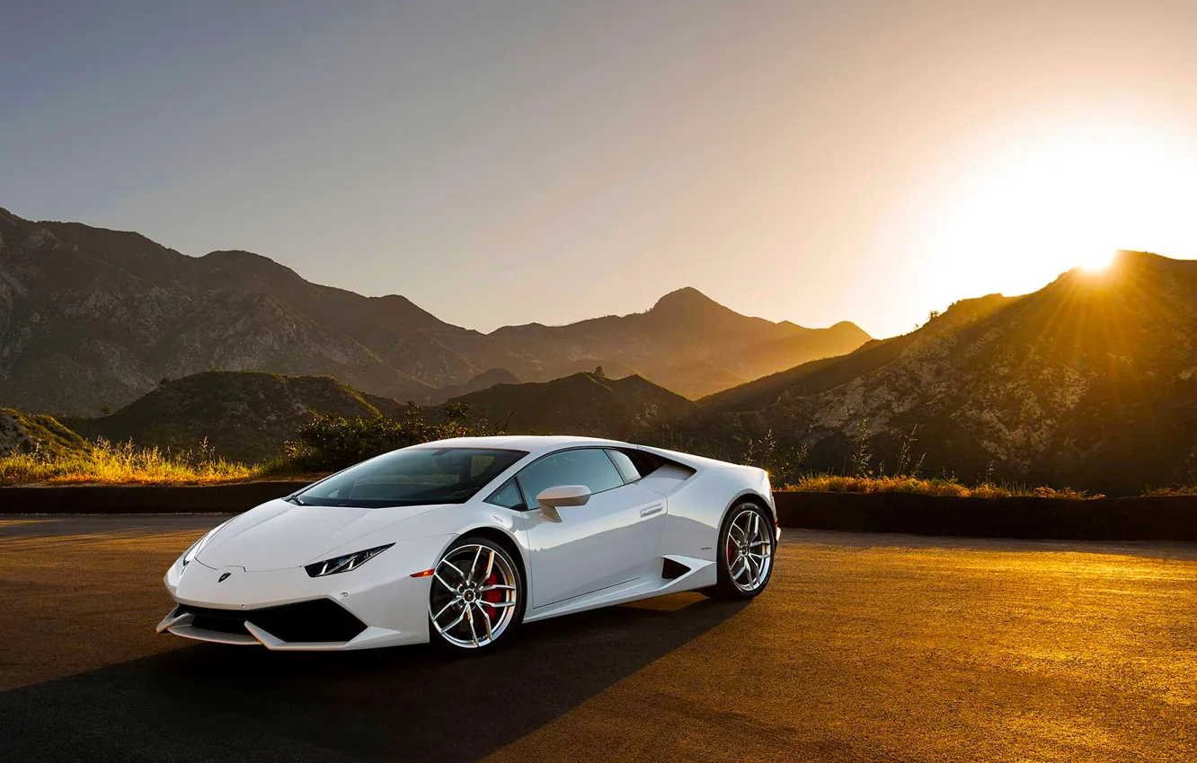 Photo wallpaper Lamborghini, Front, Sunset, White, Supercar, Huracan, LP640-4, Moutian