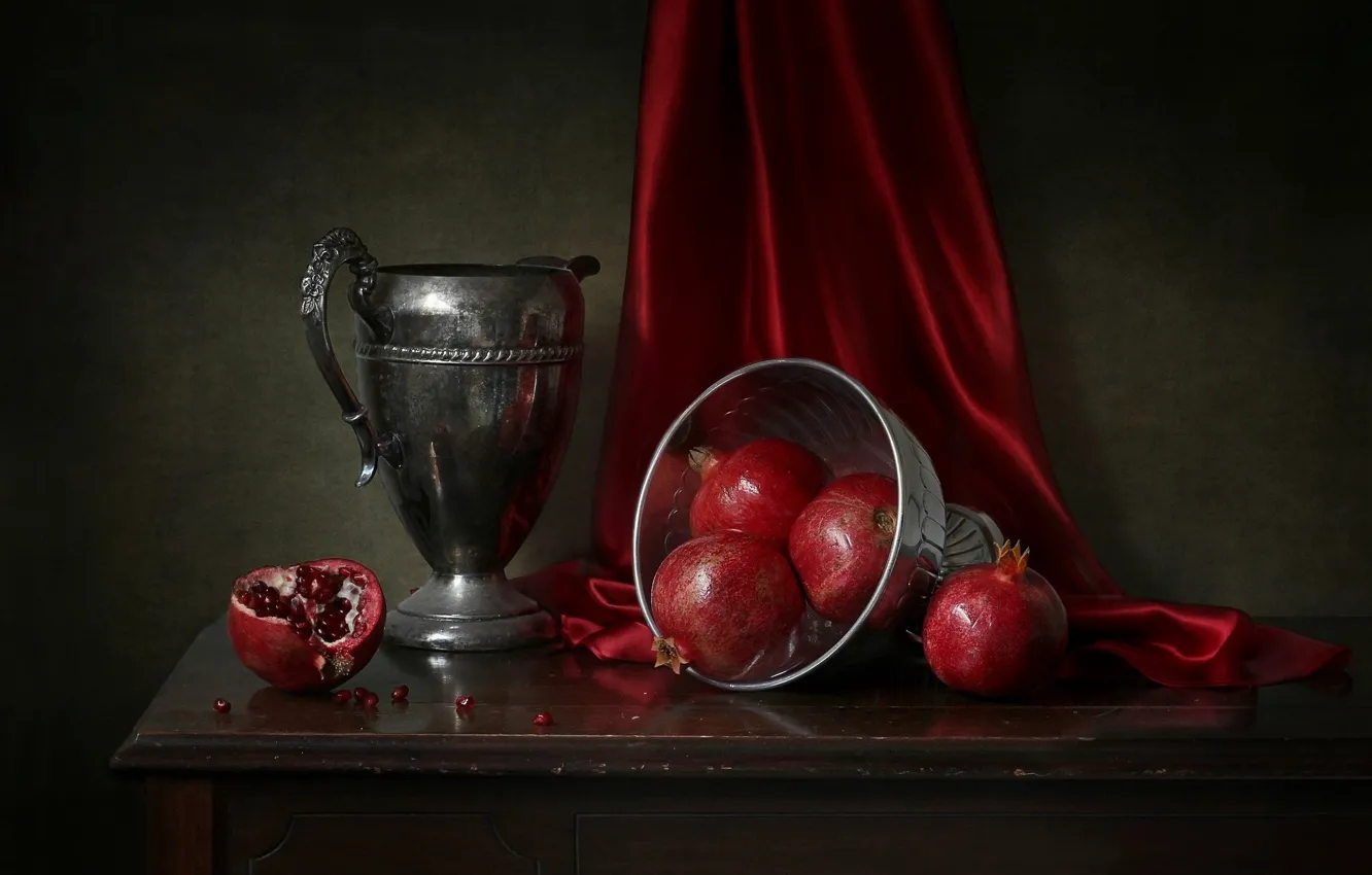Photo wallpaper metal, table, fabric, vase, pitcher, fruit, still life, garnet