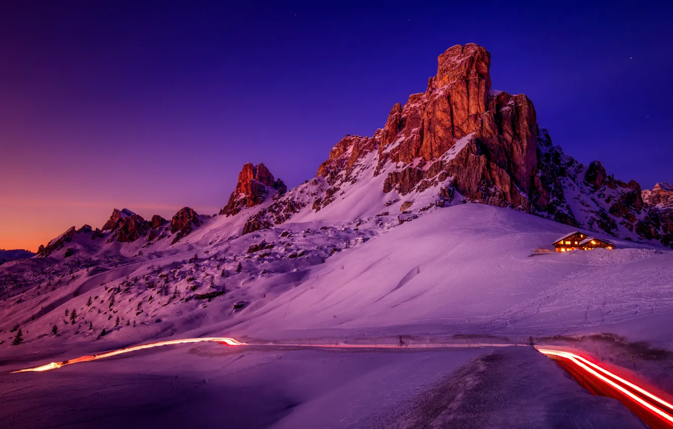 Photo wallpaper winter, road, the sky, light, snow, mountains, night, blue