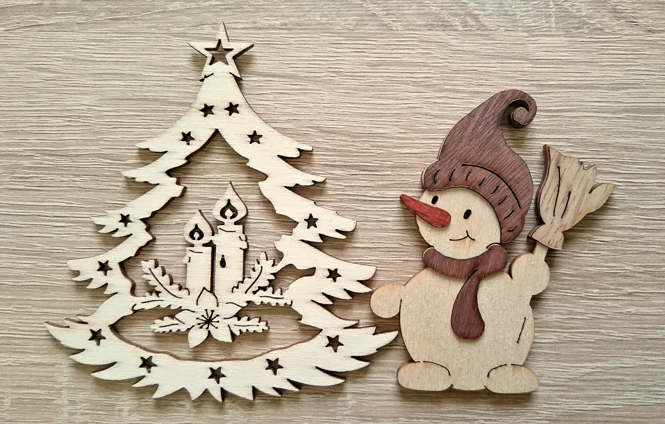 Photo wallpaper new year, Christmas, snowman, herringbone, Wooden toys