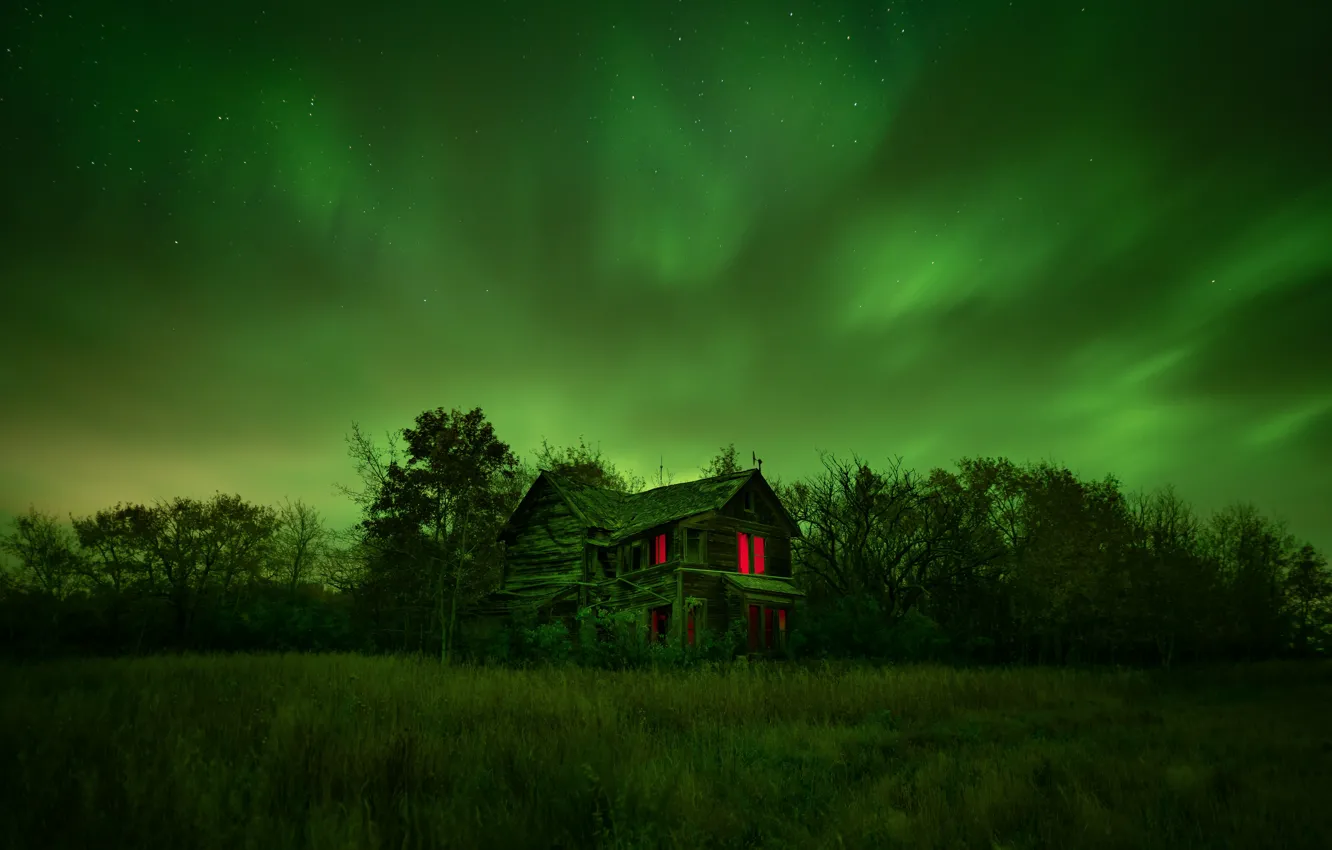 Photo wallpaper wallpaper, sky, night, glow, picture, miscellaneous, Old house, gloomy
