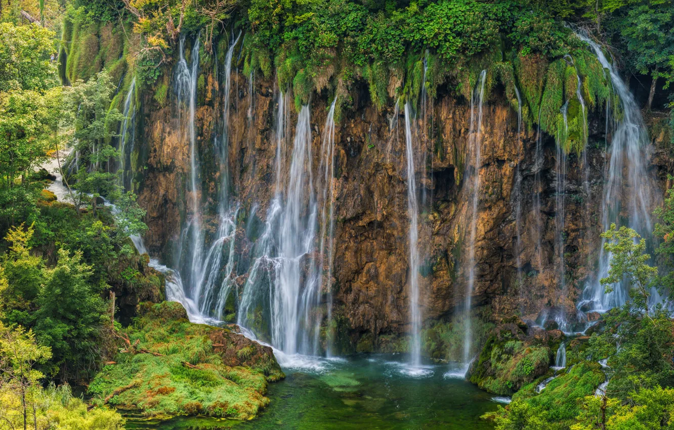Photo wallpaper forest, river, waterfall, Croatia, Croatia, Plitvice lakes, Plitvice Lakes National Park, Galovac Waterfall