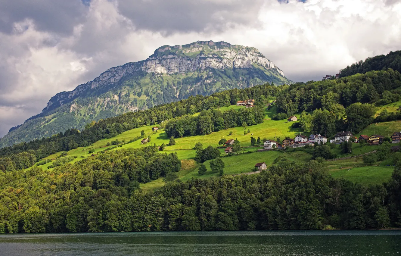 Photo wallpaper greens, trees, mountains, lake, home, Switzerland, slope, Lake Lucerne