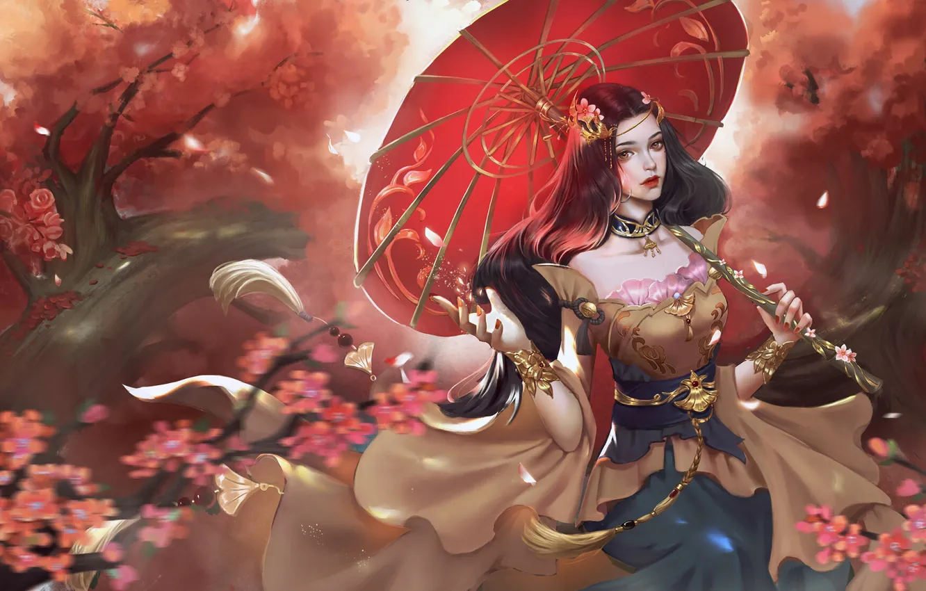 Photo wallpaper autumn, girl, style, umbrella, fiction, umbrella, Sakura, dress