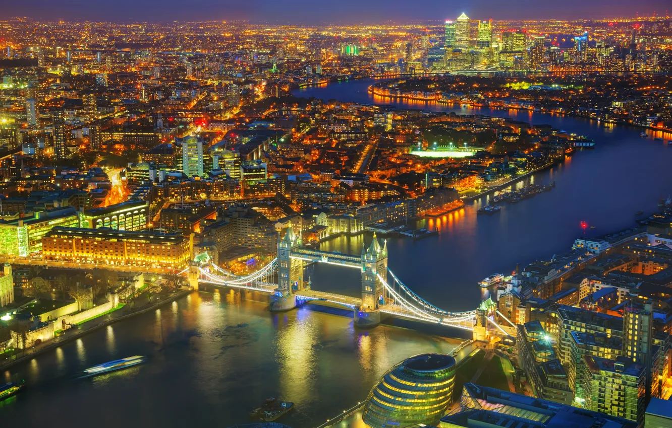 Photo wallpaper night, bridge, lights, river, London, panorama, UK, Thames