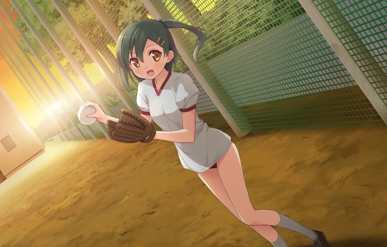 Photo wallpaper sunset, mesh, the fence, the ball, baseball, the evening, gloves, schoolgirl