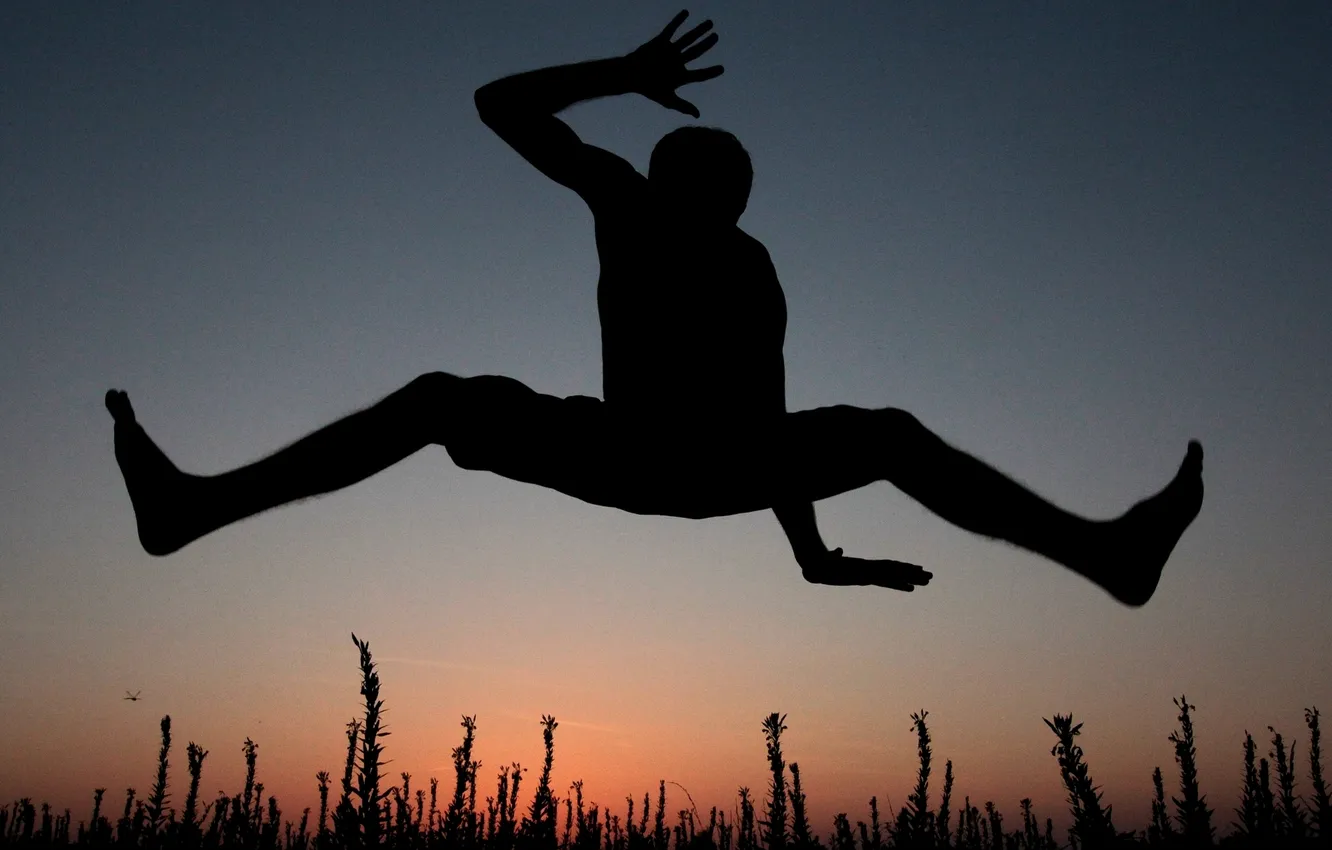Photo wallpaper sunset, background, feet, hands, silhouette, male