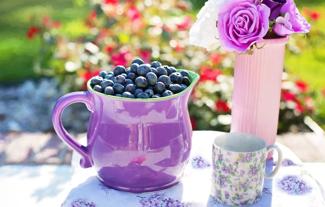 Photo wallpaper flowers, berries, blueberries, Cup, vase, pitcher