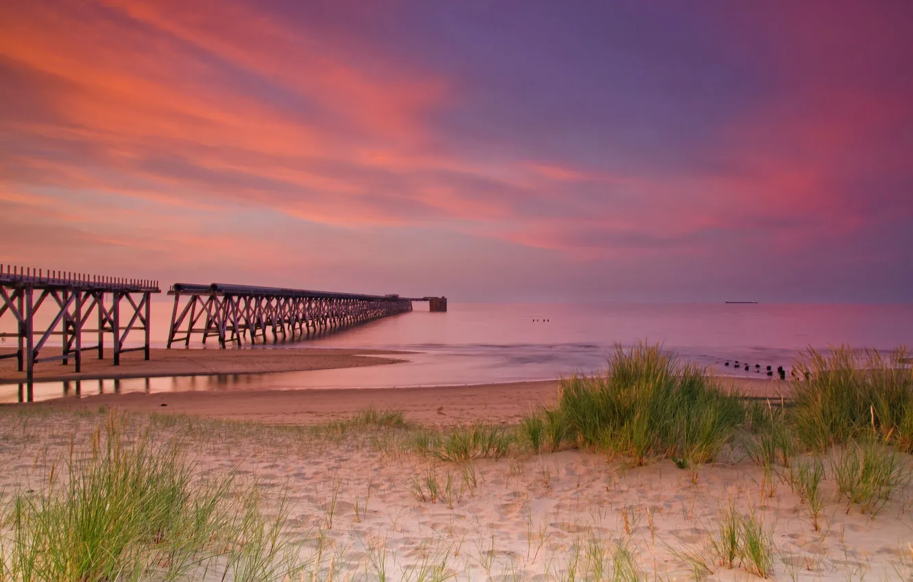 Photo wallpaper beach, grass, clouds, bridge, nature, the ocean, coast, horizon