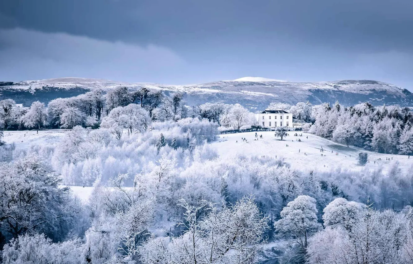 Photo wallpaper winter, snow, Park, home, Northern Ireland, Belfast, Barnett Demesne Park