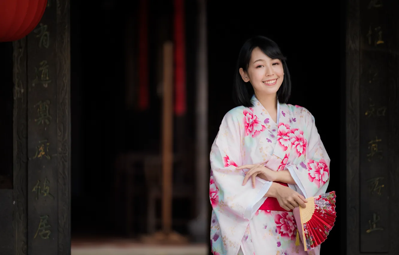 Photo wallpaper girl, smile, fan, kimono, Asian, bokeh
