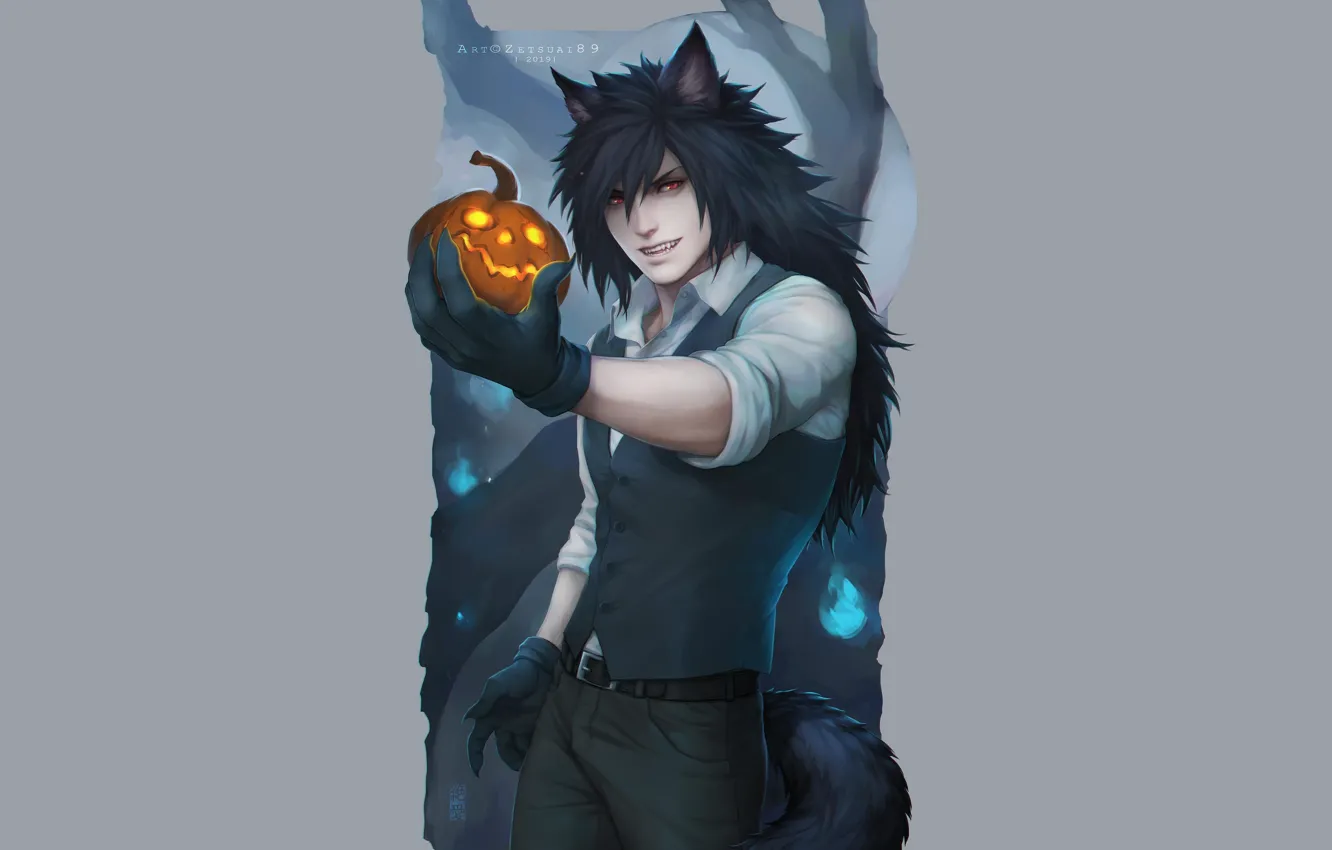 Photo wallpaper wolf, pumpkin, Halloween, Naruto, Madara Uchiha, Naruro, by zetsuai89, Ren Miyashida