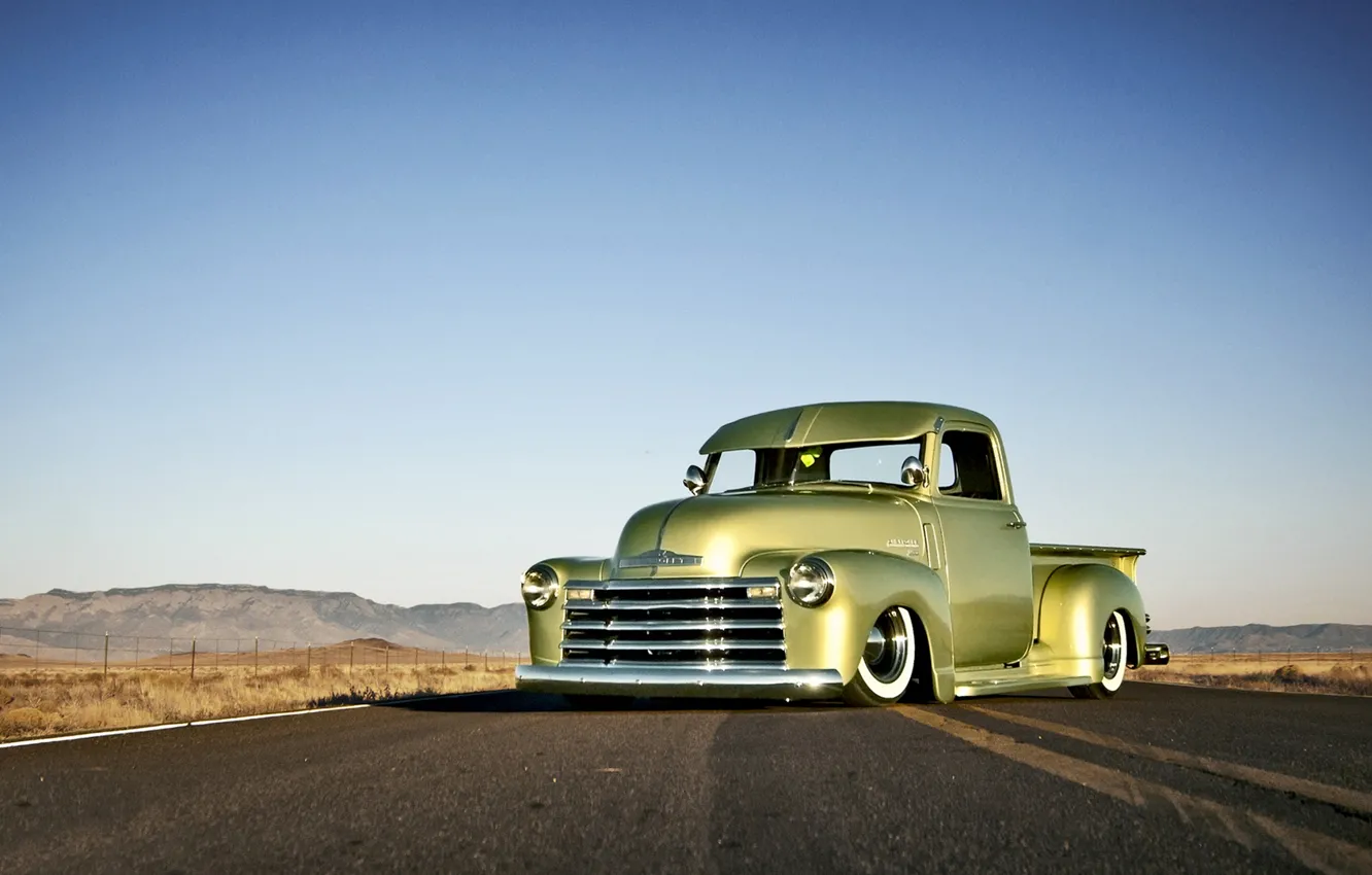 Photo wallpaper Chevrolet, wheels, road, sky, front, hill, horizon, 1949