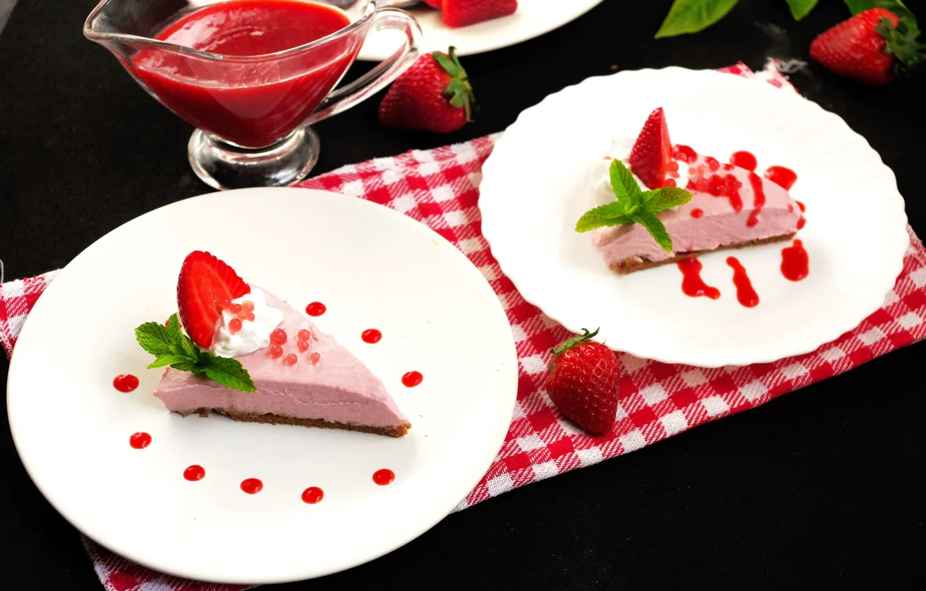 Photo wallpaper strawberry, mint, cheesecake