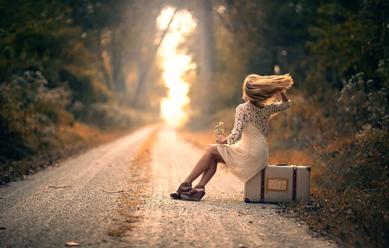 Photo wallpaper road, girl, suitcase, waiting