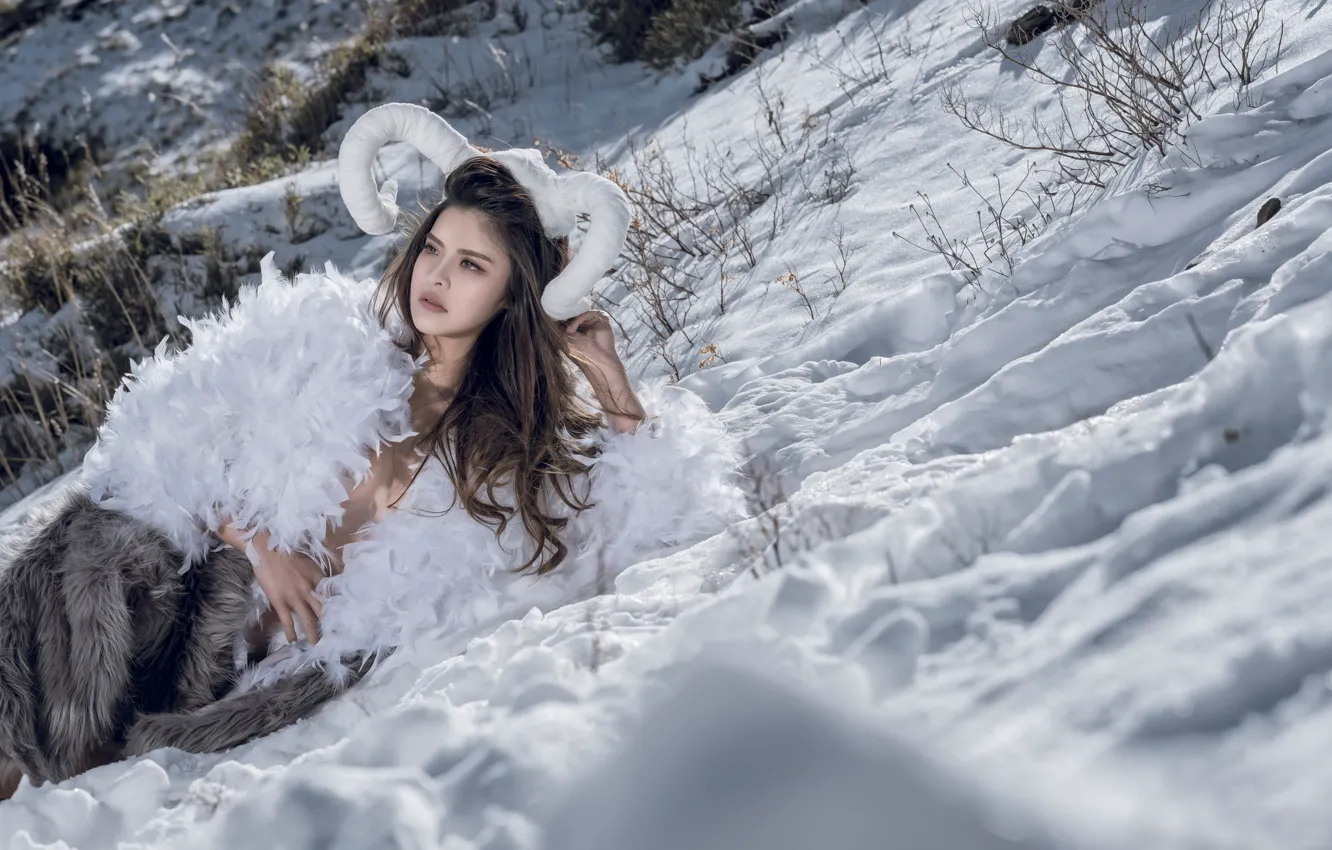 Photo wallpaper winter, girl, snow, style, feathers, horns, fur