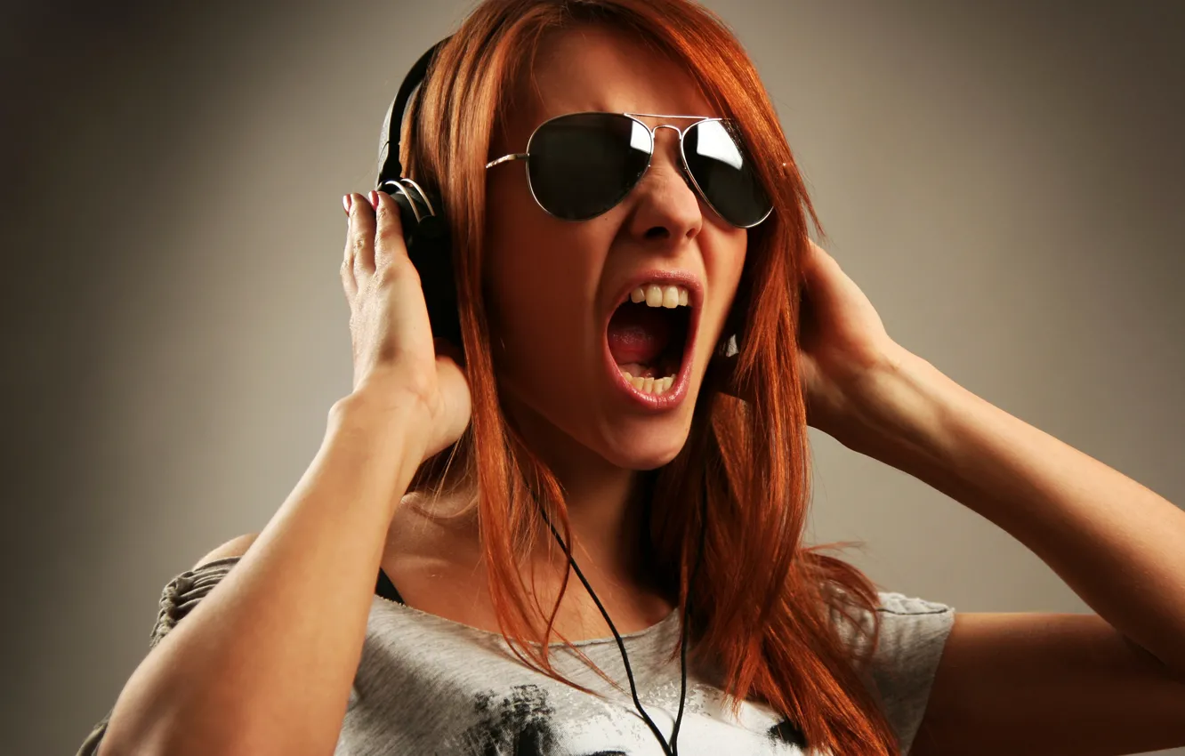 Photo wallpaper girl, background, headphones, glasses, t-shirt, hairstyle, red, Creek