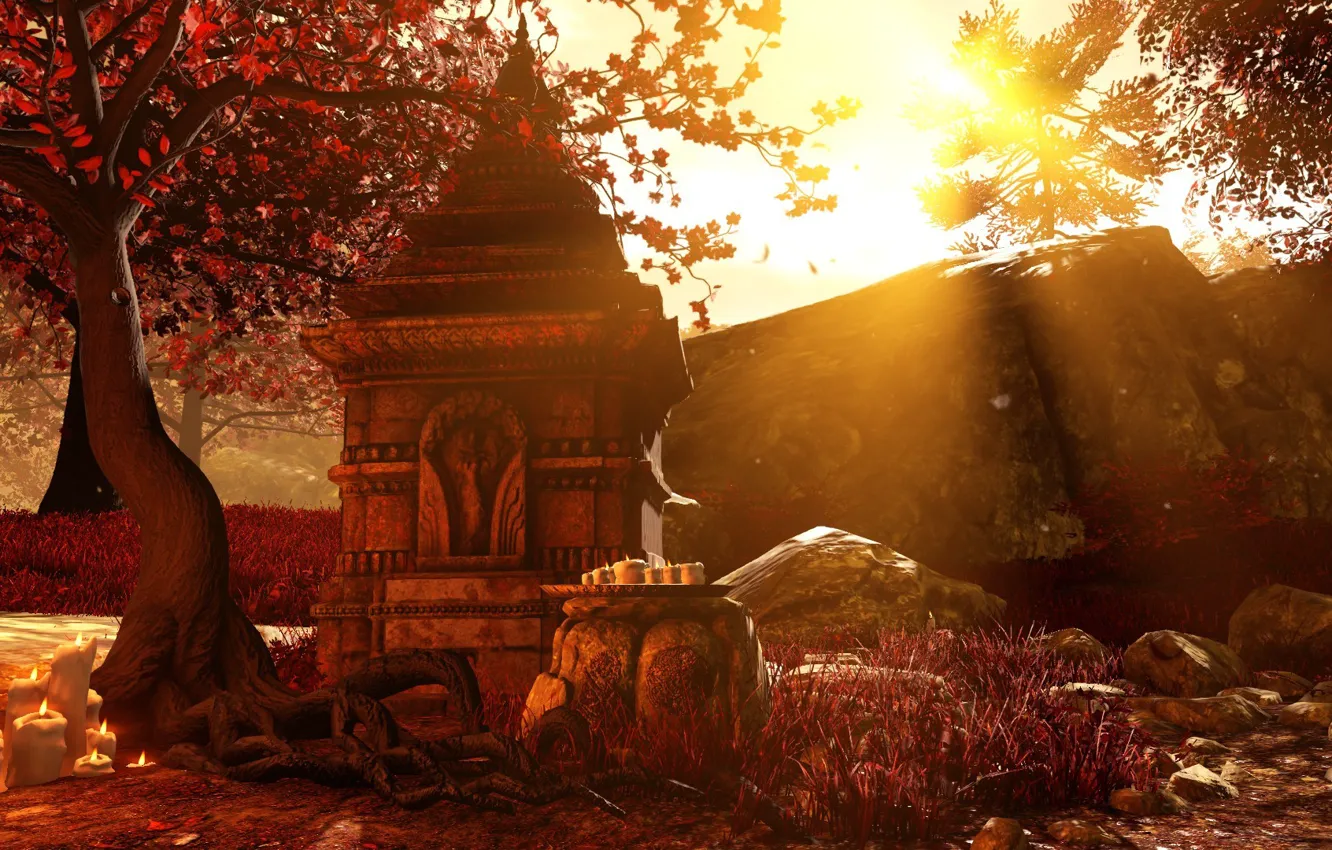 Photo wallpaper The sun, Red, Autumn, Rays, Falling leaves, Far cry 4, Shangri La, Relic