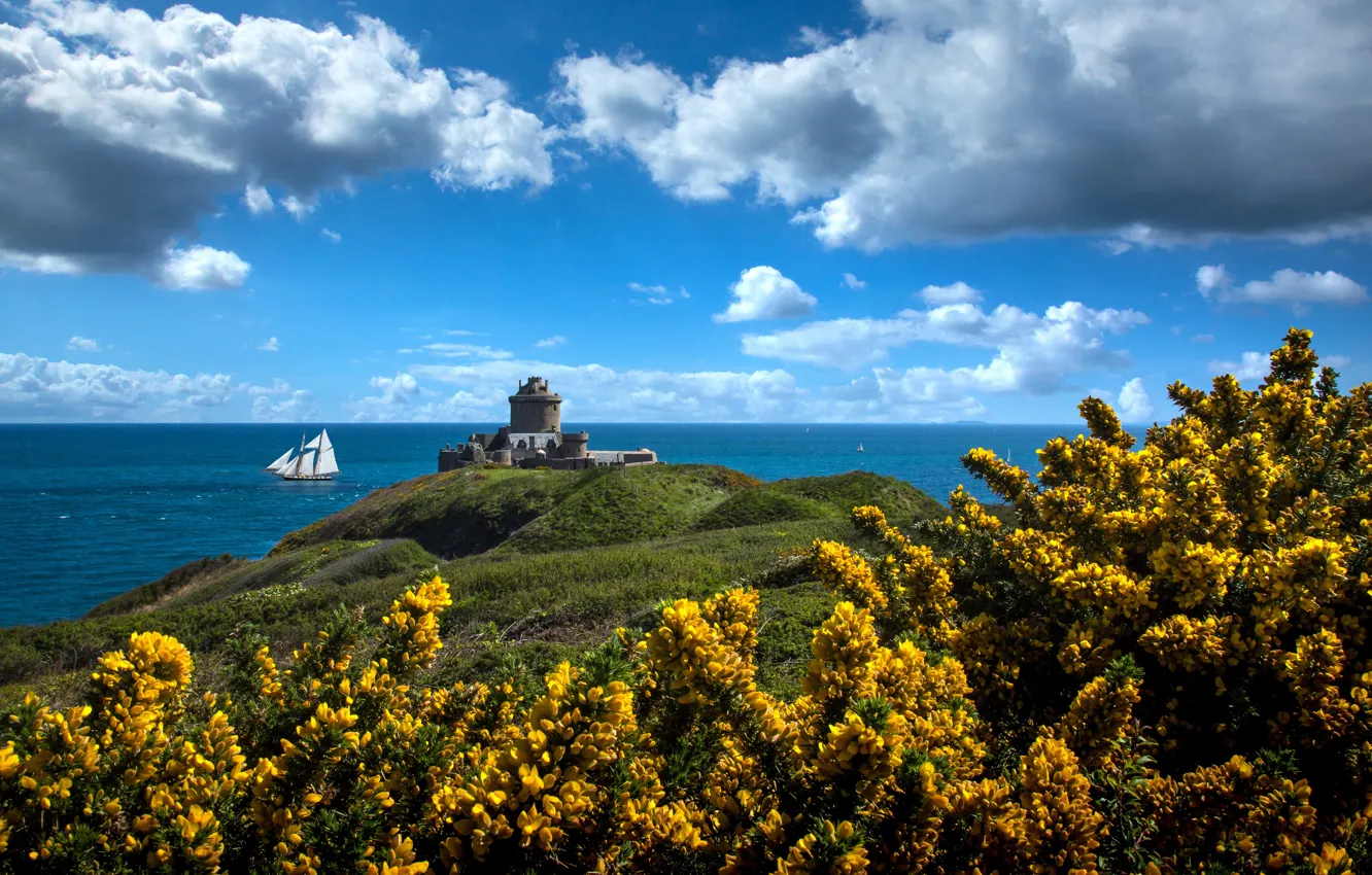 Photo wallpaper sea, clouds, castle, France, sailboat, fortress, the bushes, France