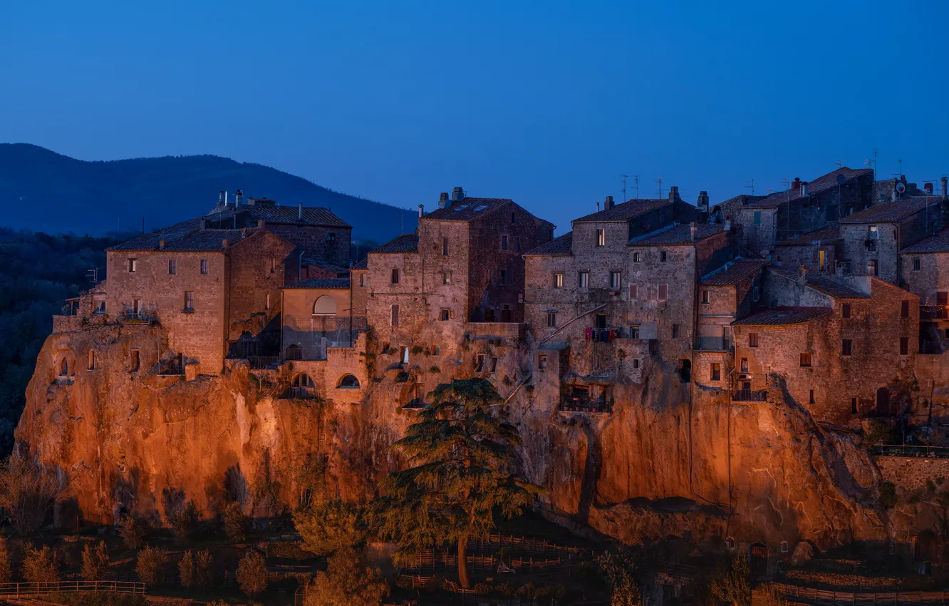Photo wallpaper night, old, the city, rocks, home, Italy, architecture, Tuscany