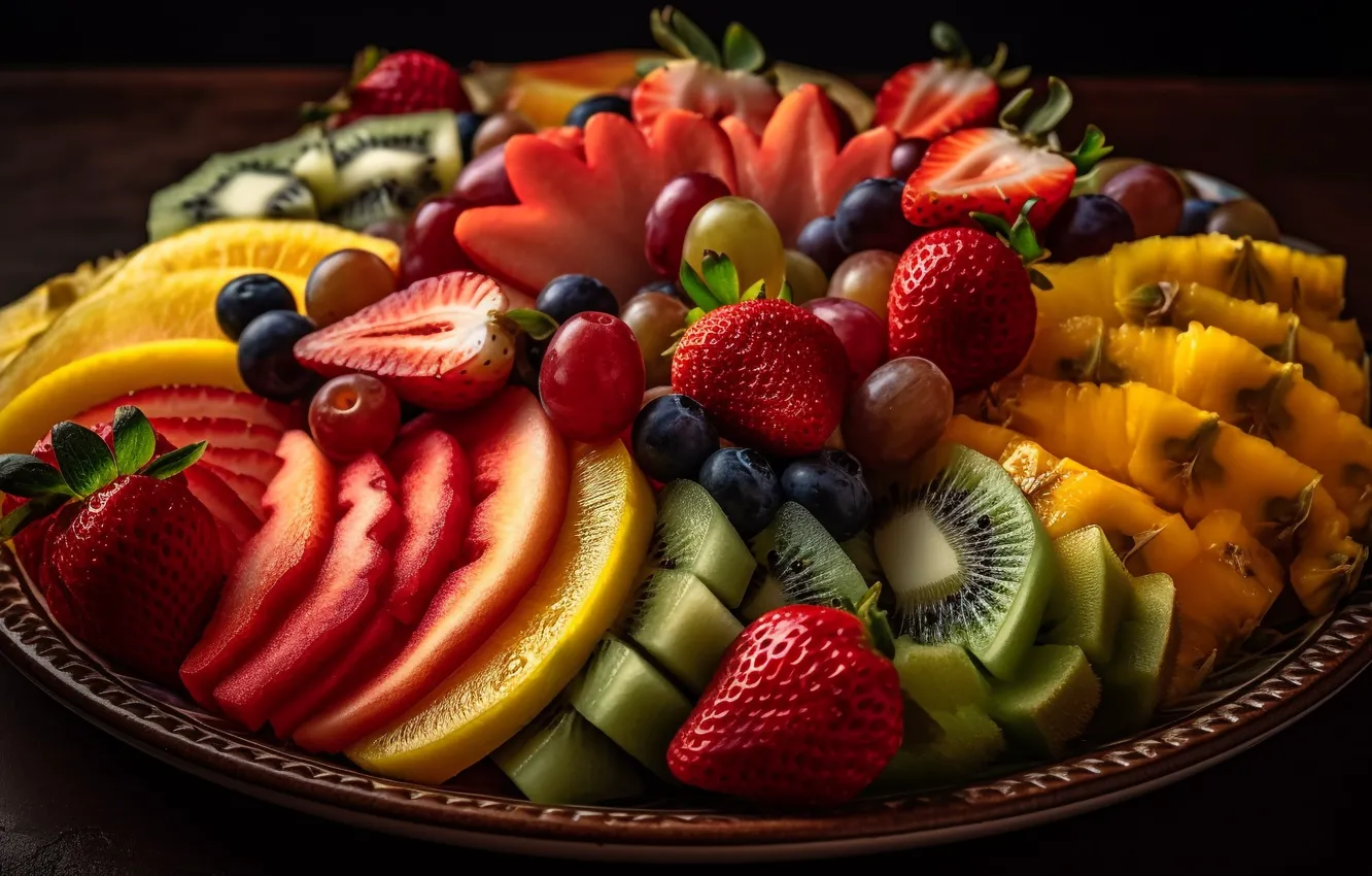 Photo wallpaper berries, food, kiwi, blueberries, strawberry, grapes, fruit, different