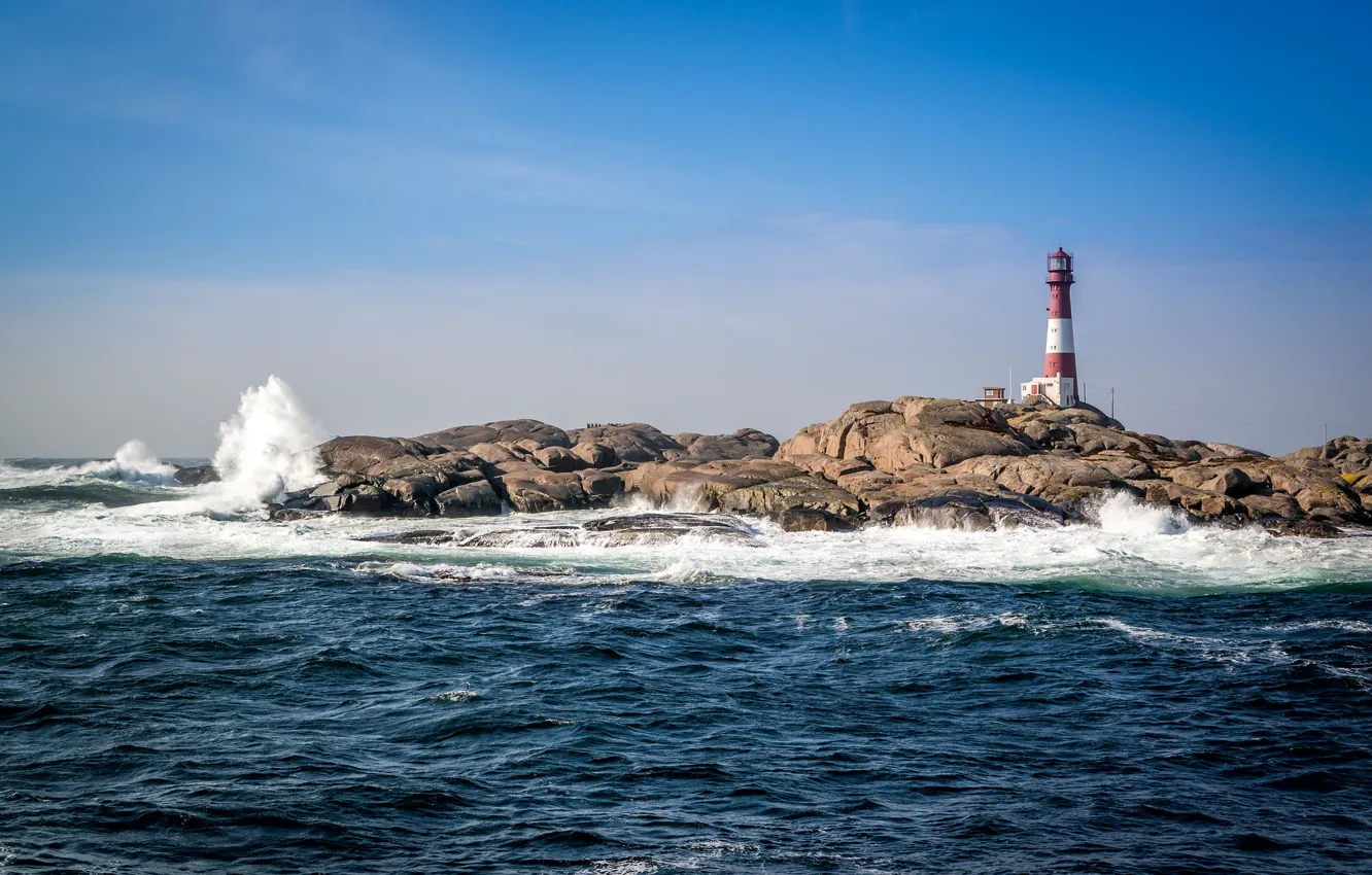 Photo wallpaper sea, wave, the sky, stones, lighthouse, the troubled sea