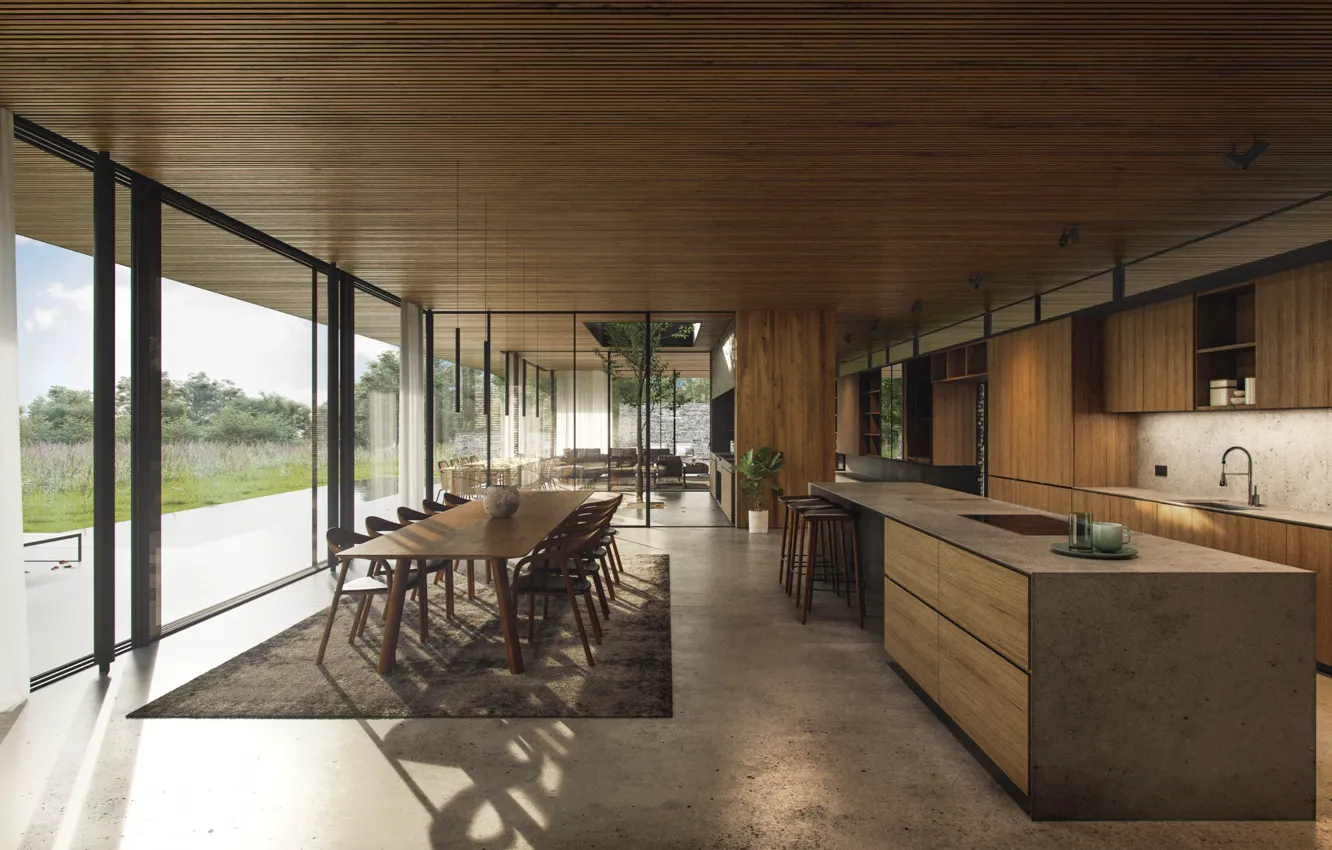Photo wallpaper space, interior, kitchen, living room, dining room, Meadow House, by Strom Architects