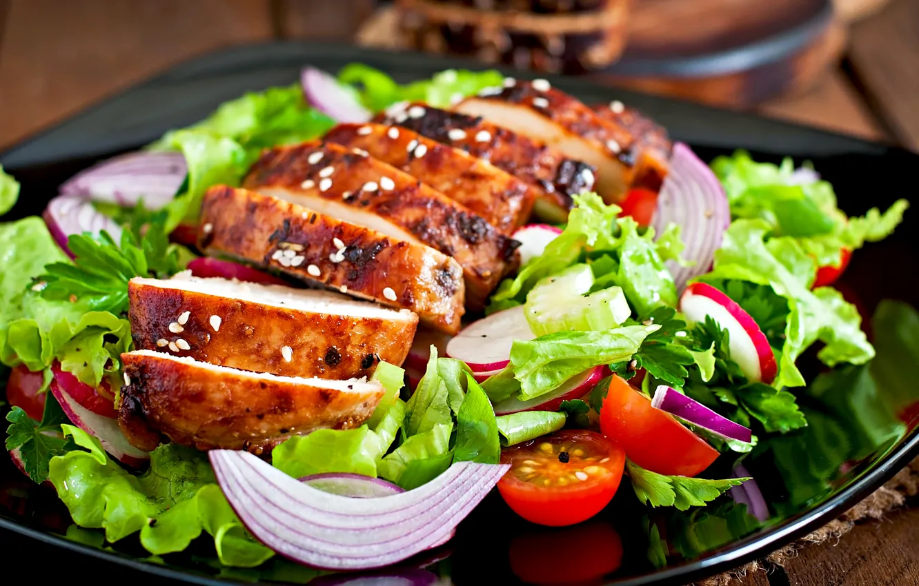 Photo wallpaper meat, tomatoes, salad, tomatoes, meat