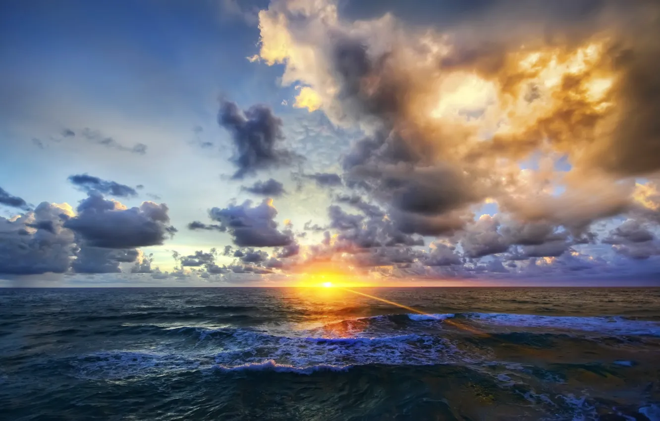 Photo wallpaper sea, wave, the sun, sunset, clouds, the evening