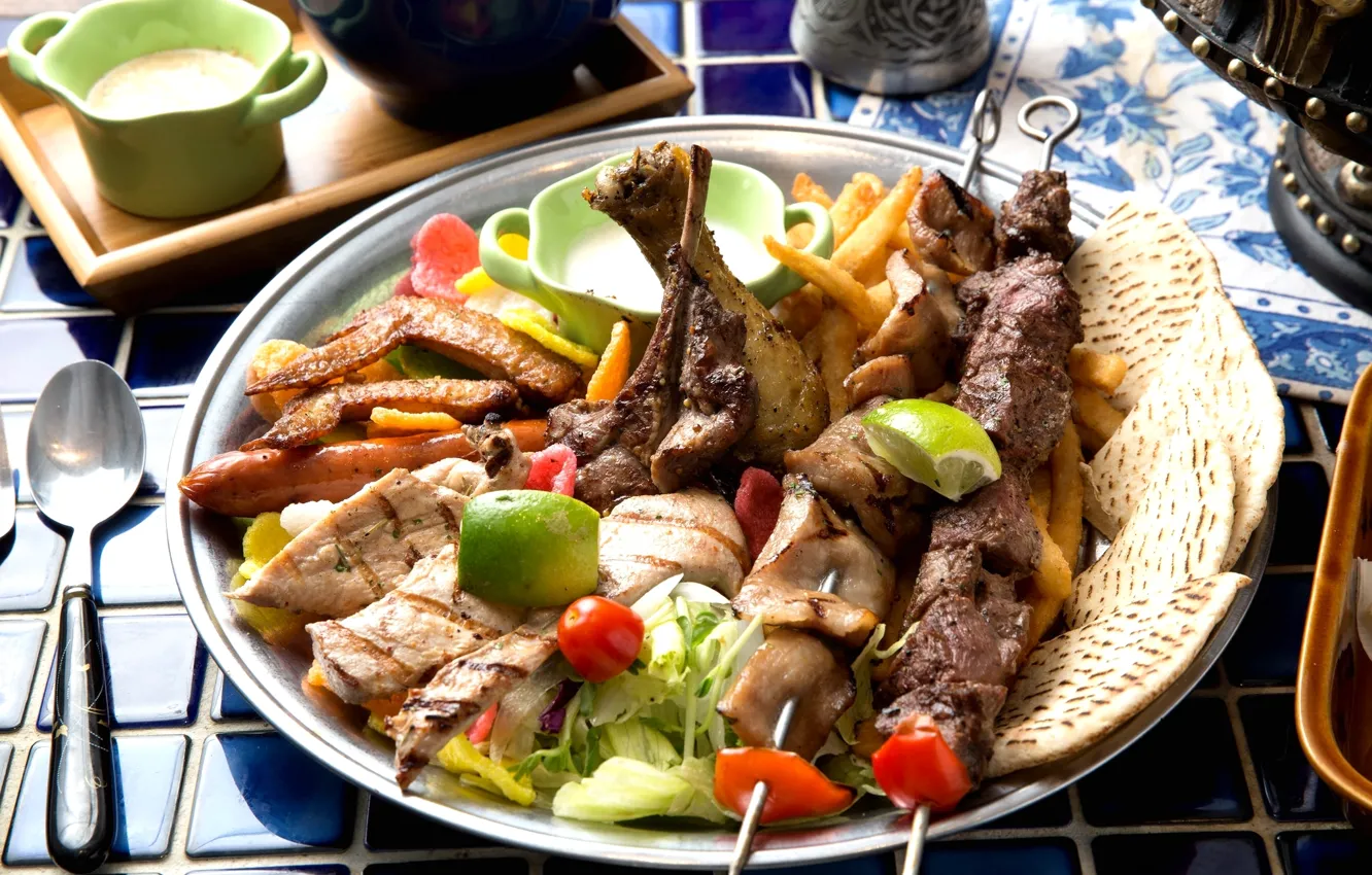Photo wallpaper meat, vegetables, kebab, cuts, bread