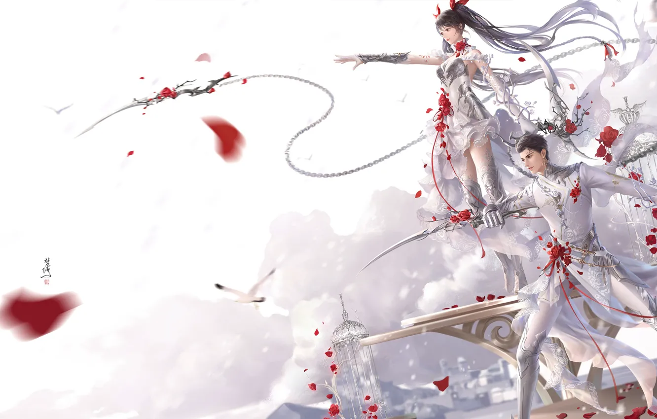 Photo wallpaper girl, roses, guy, the battle, Revelation