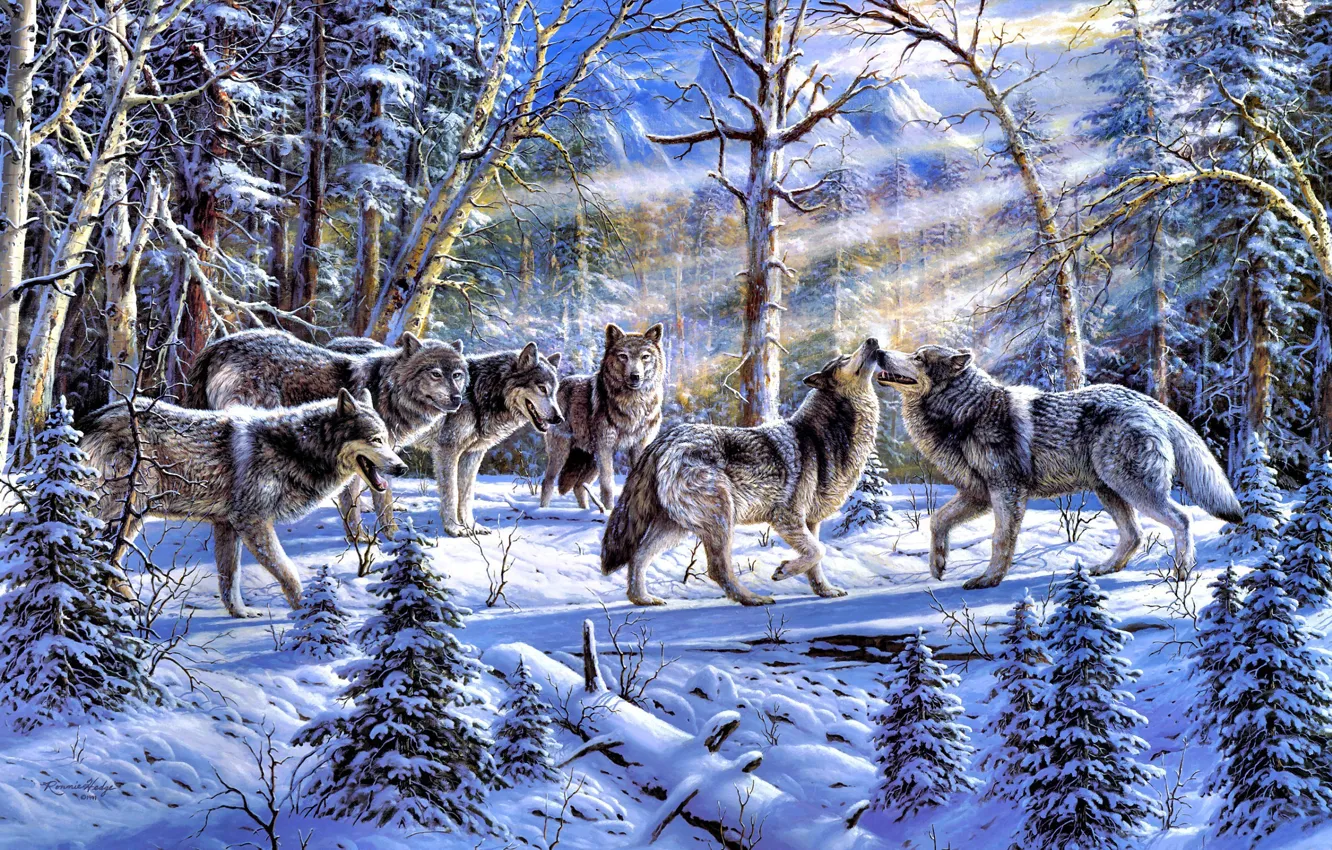 Photo wallpaper winter, forest, animals, nature, spruce, pack, wolves, painting