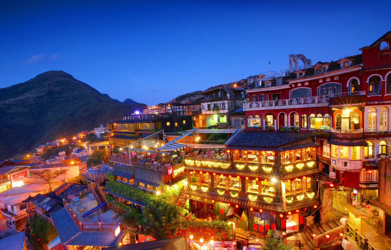 Photo wallpaper the sky, mountains, night, blue, lighting, Taiwan, Taipei, housing