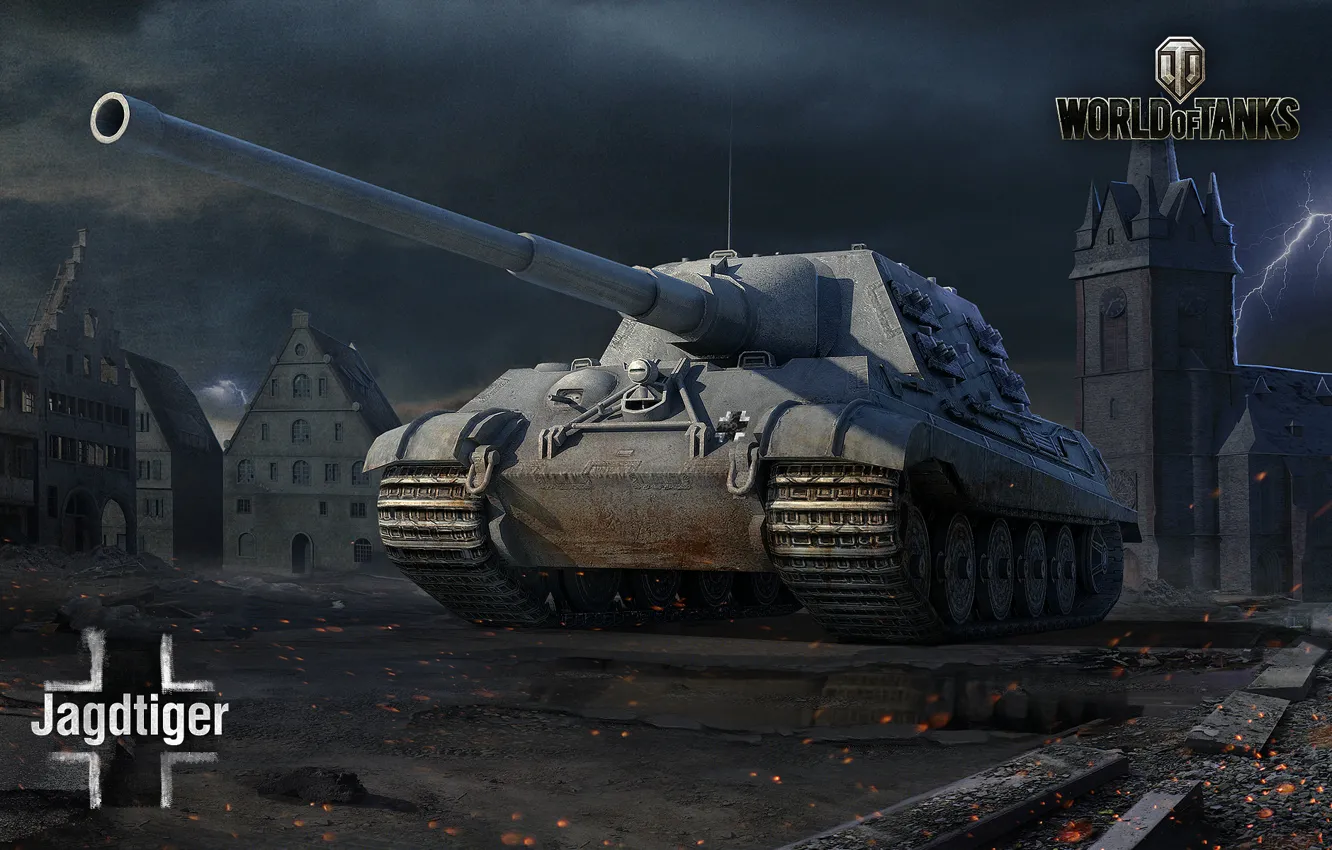 Photo wallpaper Germany, art, tank, town hall, WoT, World of Tanks, Hunting tiger, Sky village