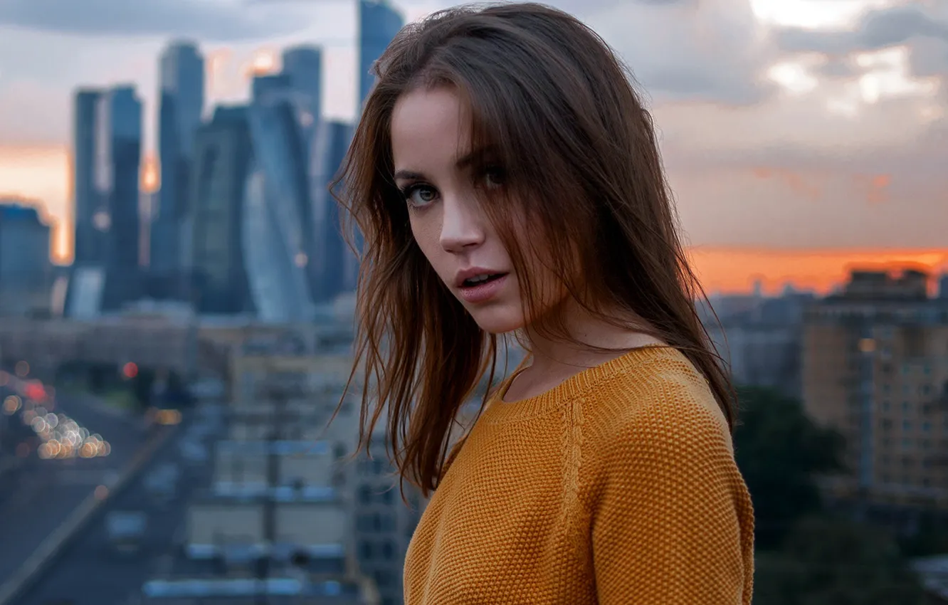 Photo wallpaper city, girl, long hair, brown eyes, photo, photographer, model, Moscow