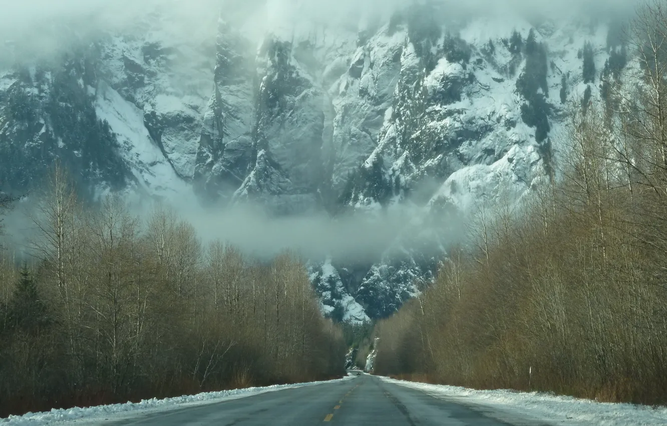 Photo wallpaper road, forest, snow, mountains, fog, Winter, haze