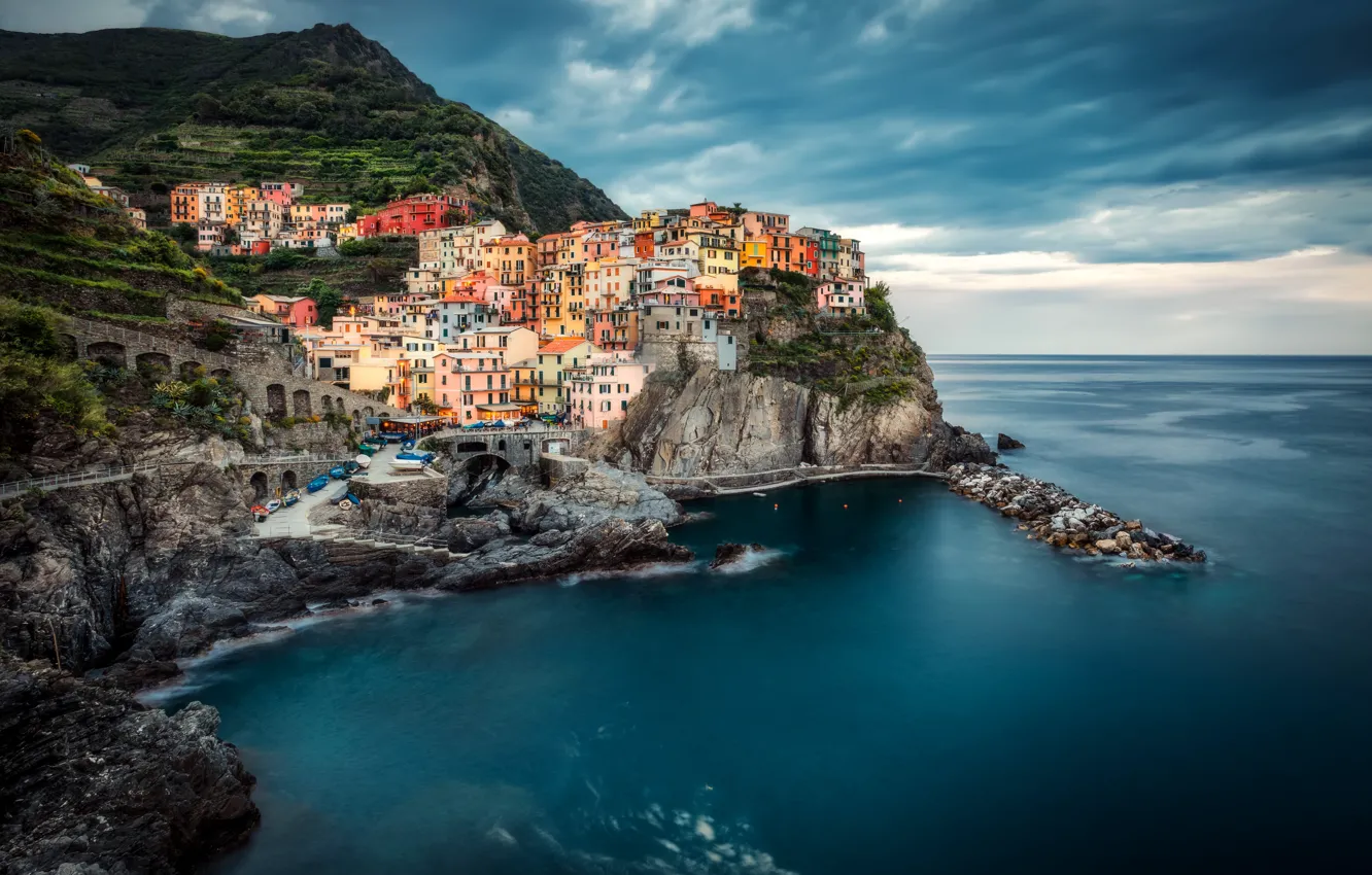 Photo wallpaper sea, landscape, mountains, rocks, home, Italy, the village, Manarola