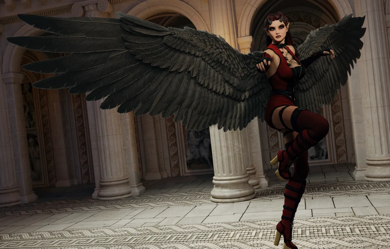 Photo wallpaper girl, angel, black wings
