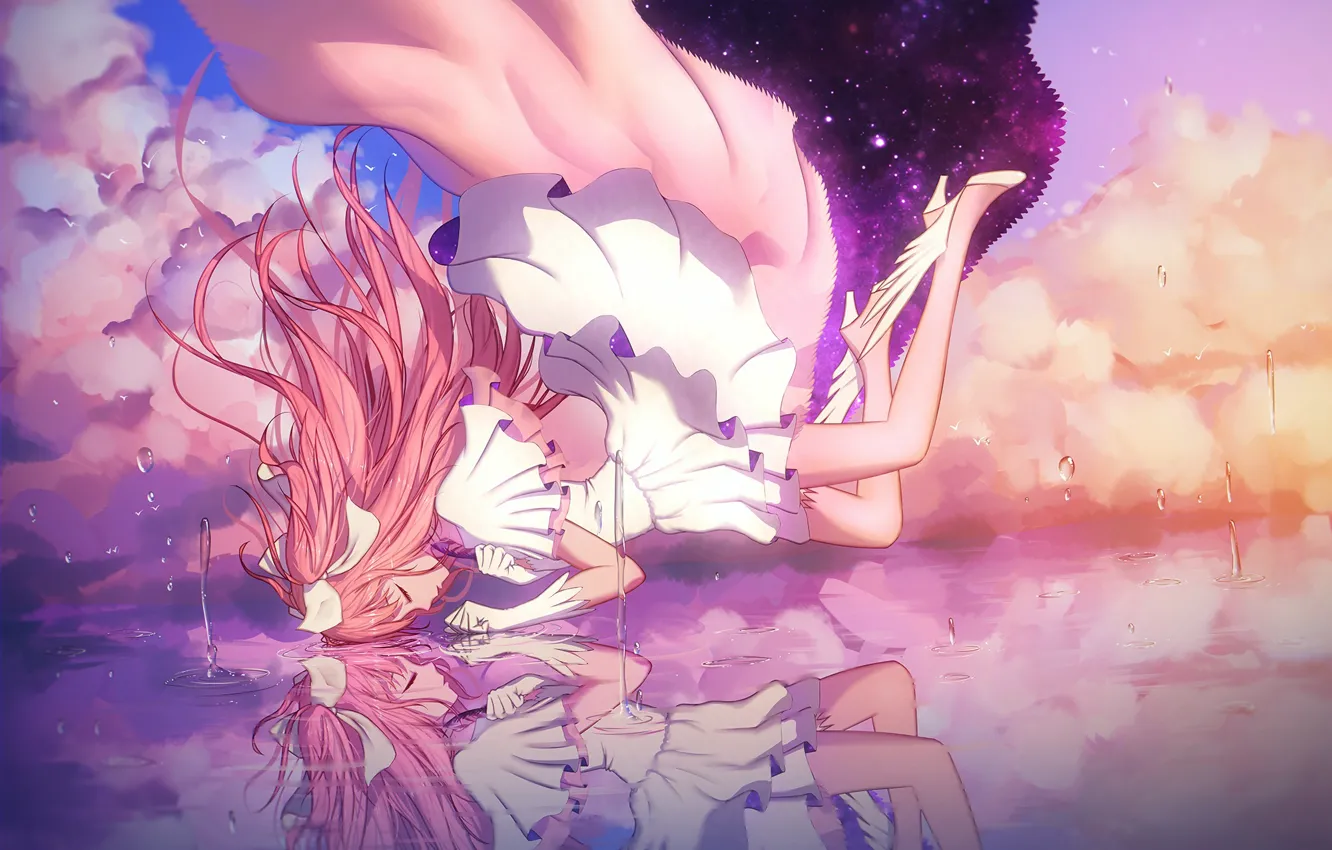 Photo wallpaper the sky, water, girl, stars, clouds, reflection, anime, art