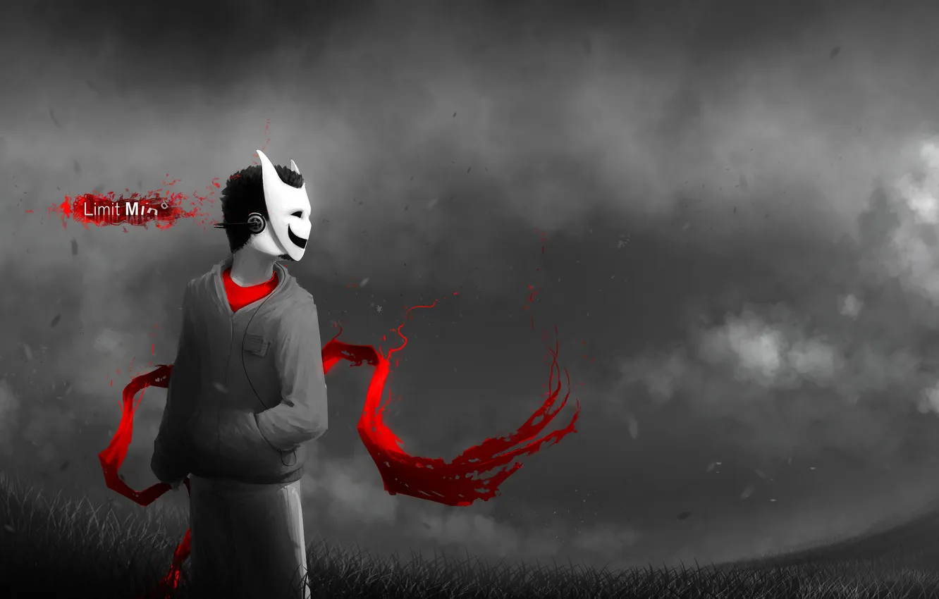 Photo wallpaper grass, red, the wind, headphones, scarf, mask, art, black and white