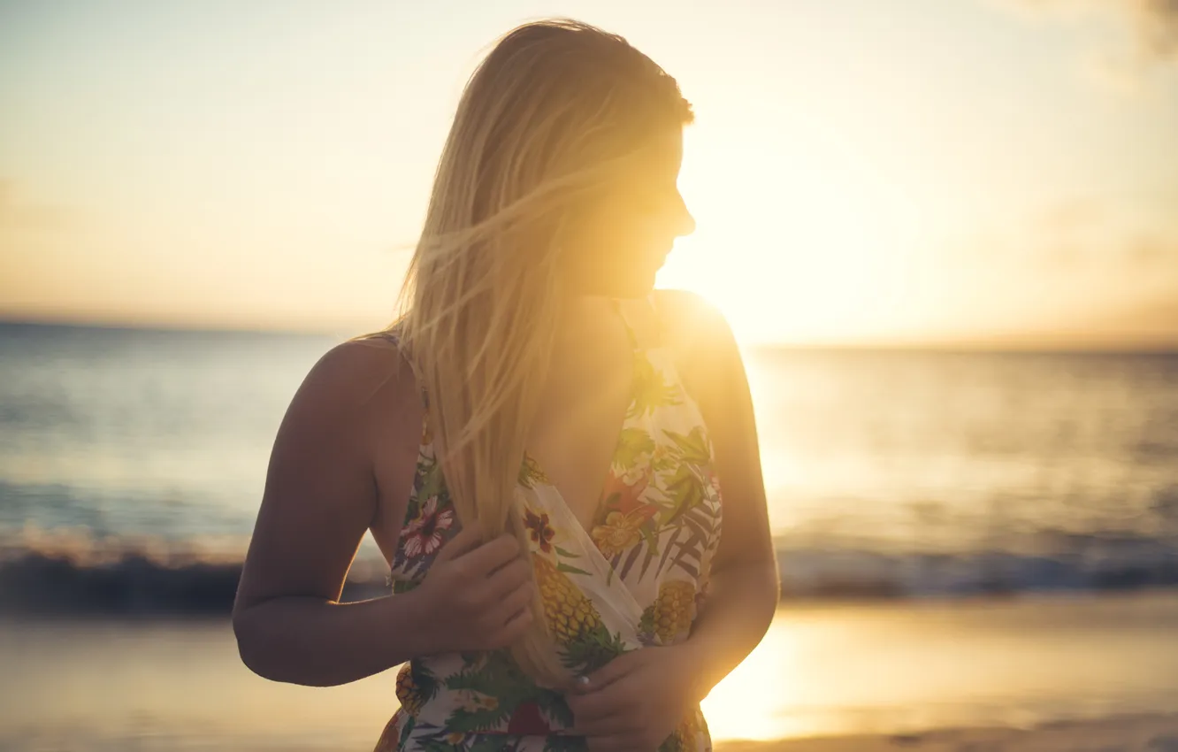 Photo wallpaper beach, girl, the sun, sunset