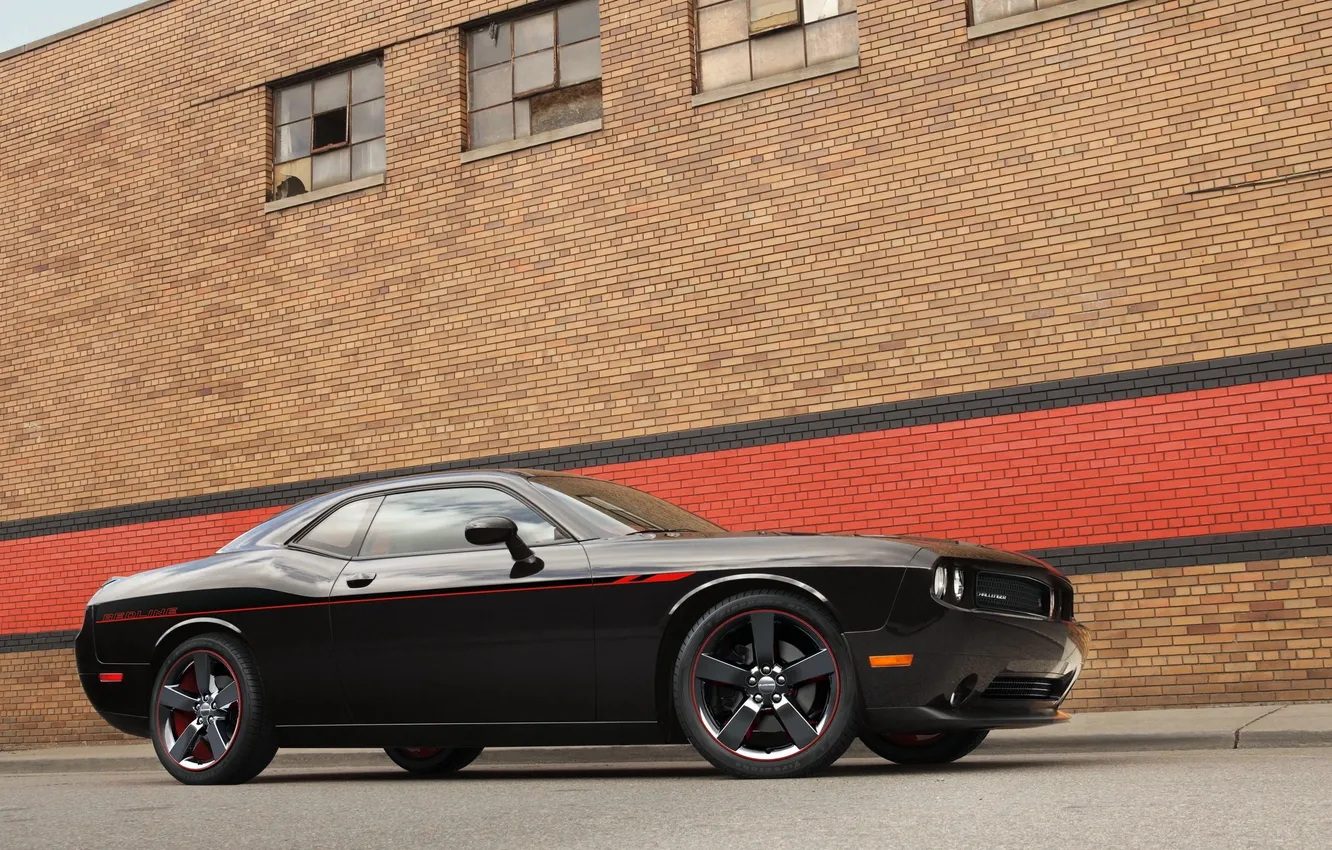 Photo wallpaper black, building, Dodge, Challenger, side view, Dodge, RedLine
