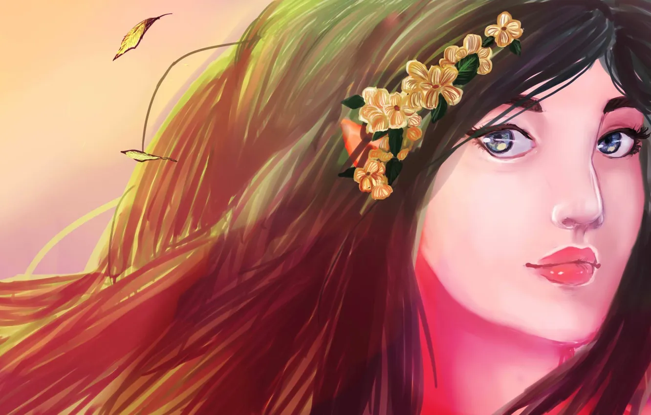 Photo wallpaper look, girl, flowers, face, the wind, hair