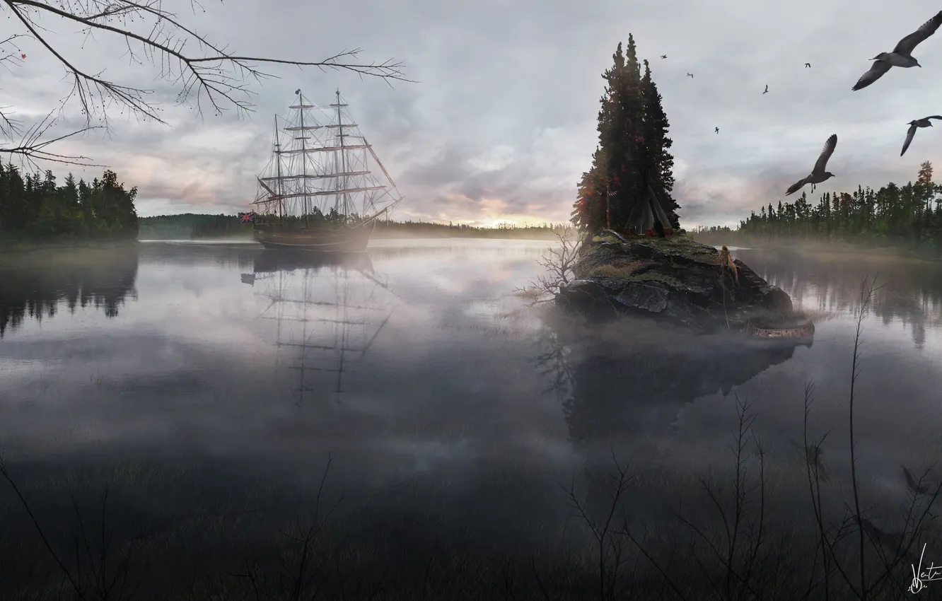Photo wallpaper ship, island, the marine island
