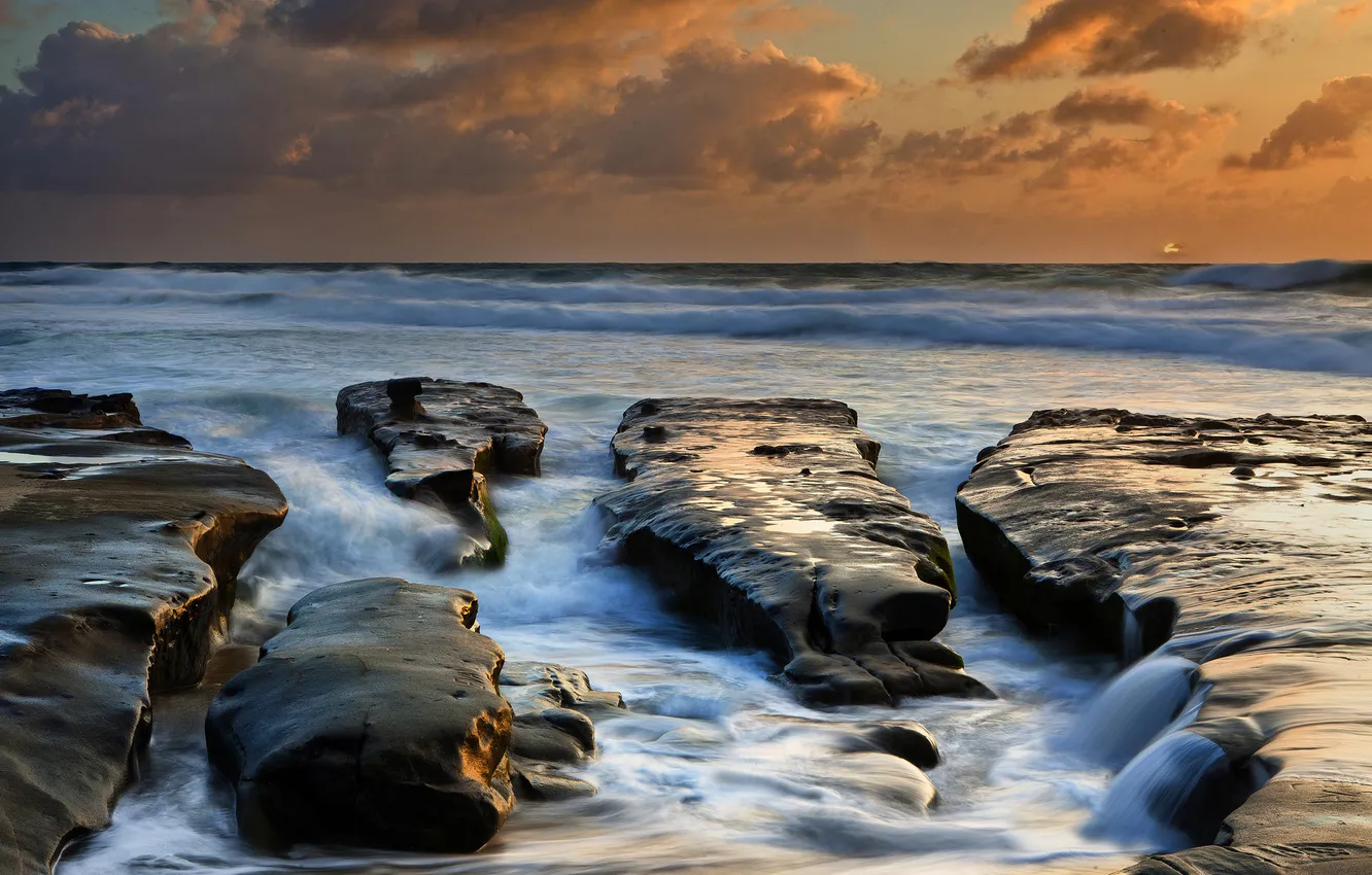 Photo wallpaper sea, wave, the sky, water, the sun, clouds, nature, stones