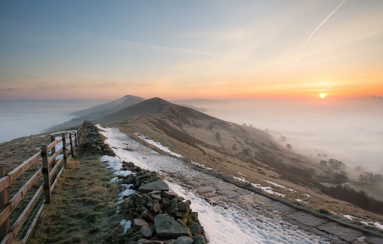 Photo wallpaper landscape, mountains, the fence, morning